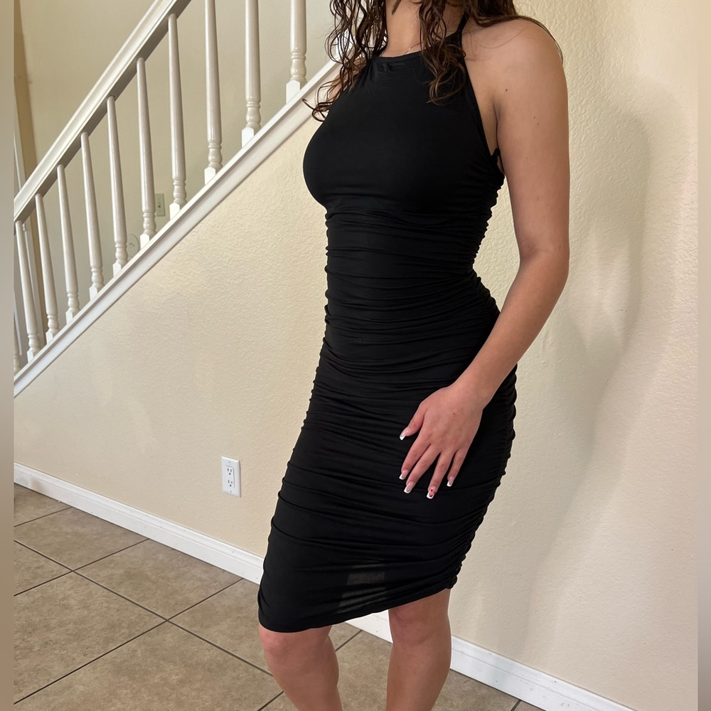 Black Ruched Halter Dress - Picture 10 of 11